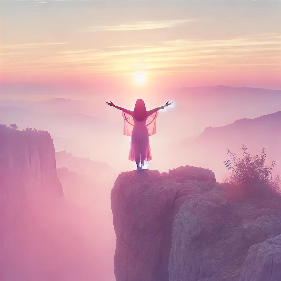 Woman in sunrise symbolizing liberation and new beginning